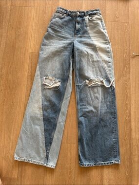 Review Two-Tone Distressed Wide-Leg Jeans - Light Blue & Dark Blue